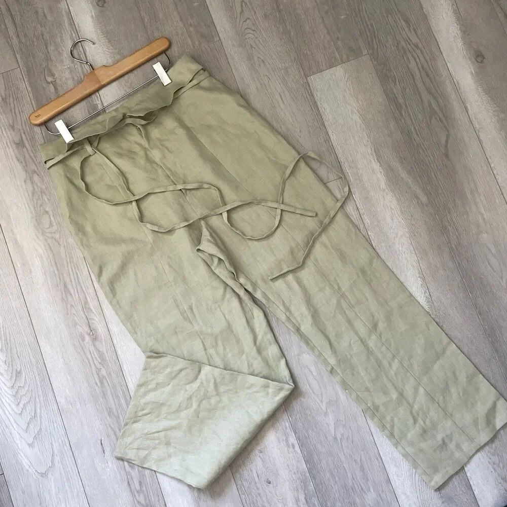Reformation Linen Pants high rise straight leg womens Green (size 6) fisherman